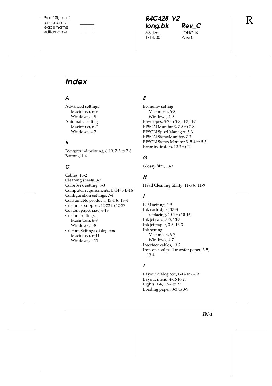 Index | Epson 2000 User Manual | Page 227 / 231