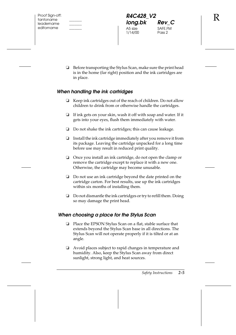 When handling the ink cartridges, When choosing a place for the stylus scan | Epson 2000 User Manual | Page 23 / 231