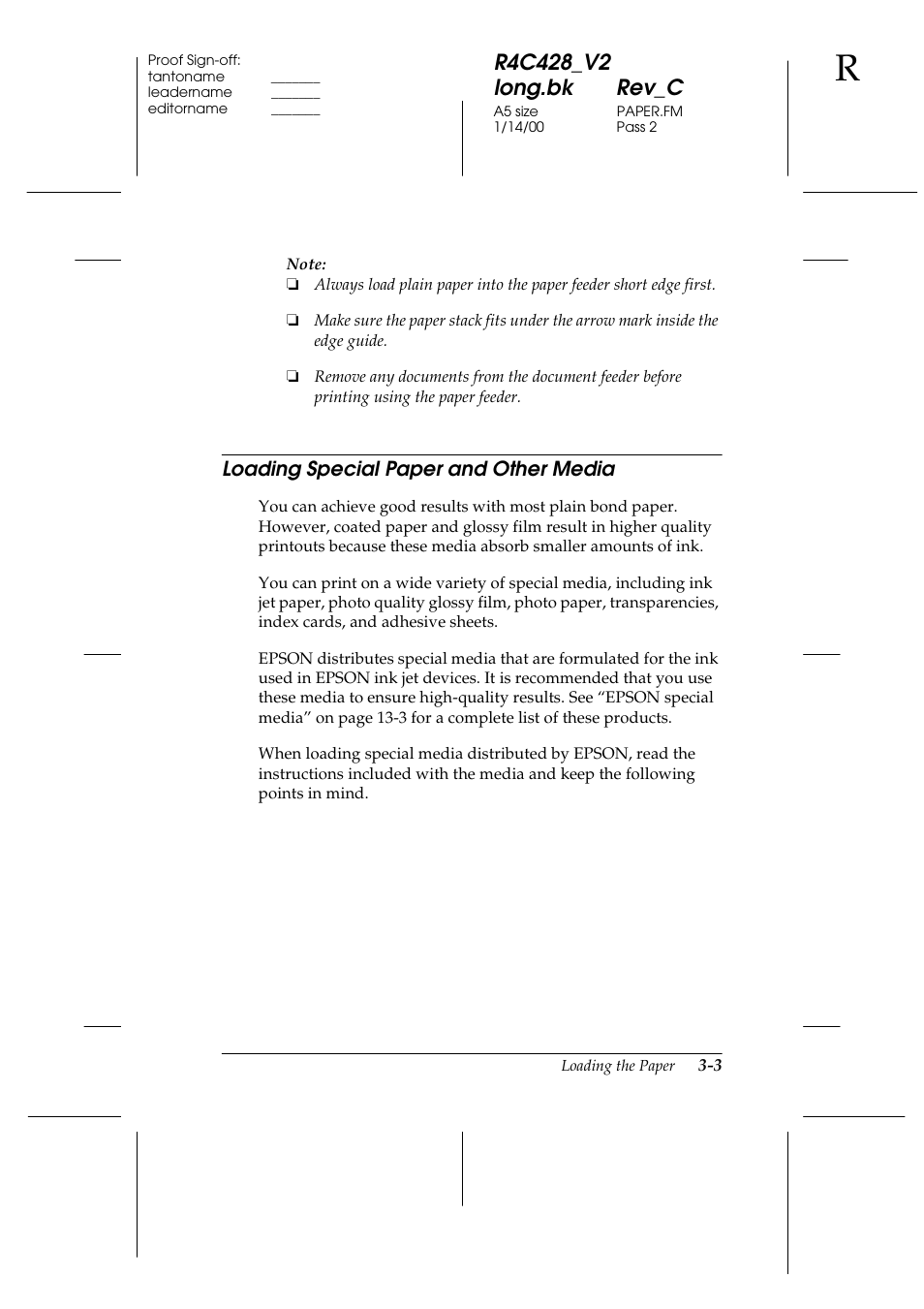 Loading special paper and other media, Loading special paper and other media -3 | Epson 2000 User Manual | Page 27 / 231
