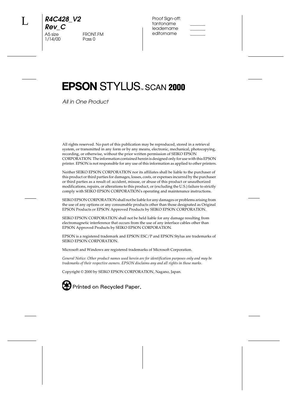 Copyright | Epson 2000 User Manual | Page 3 / 231