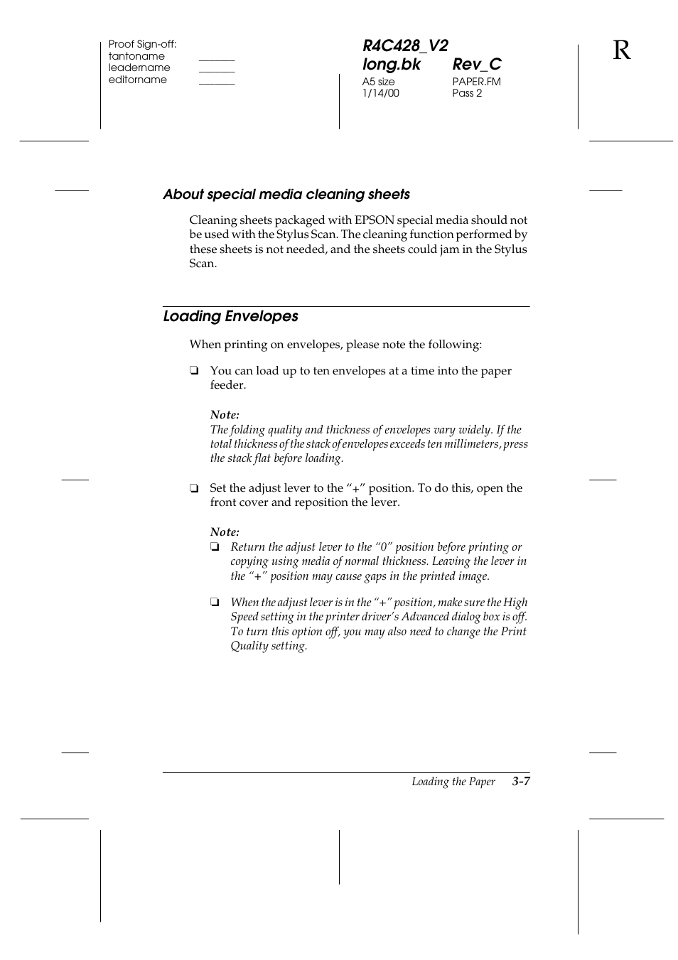 About special media cleaning sheets, Loading envelopes, About special media cleaning sheets -7 | Loading envelopes -7 | Epson 2000 User Manual | Page 31 / 231