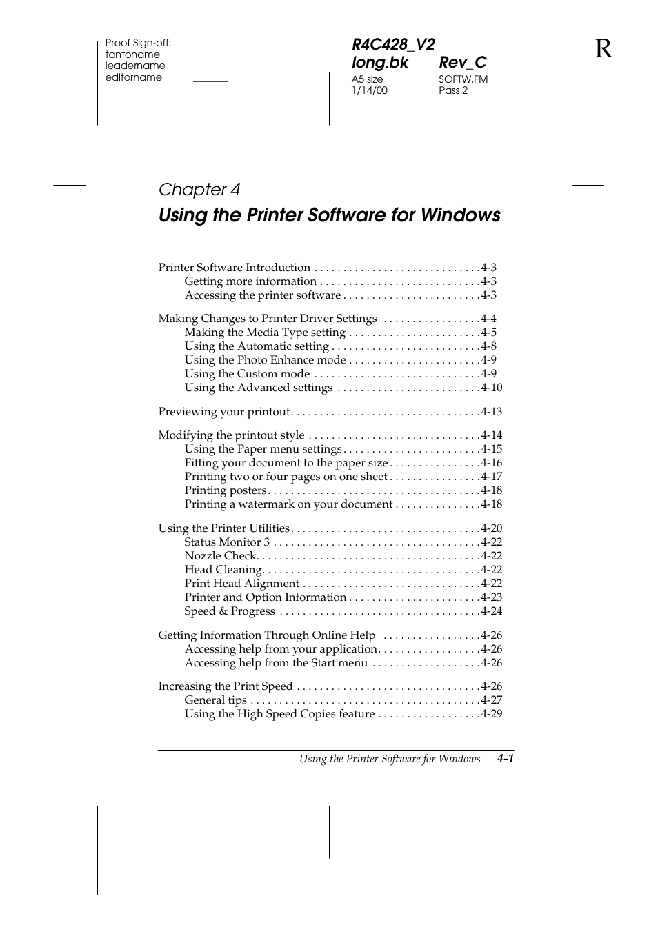 Using the printer software for windows, Chapter 4 | Epson 2000 User Manual | Page 37 / 231