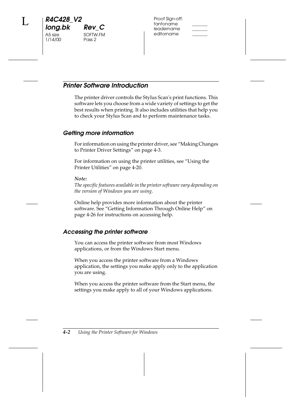 Printer software introduction, Getting more information, Accessing the printer software | Printer software introduction -2, Getting more information -2, Accessing the printer software -2 | Epson 2000 User Manual | Page 38 / 231