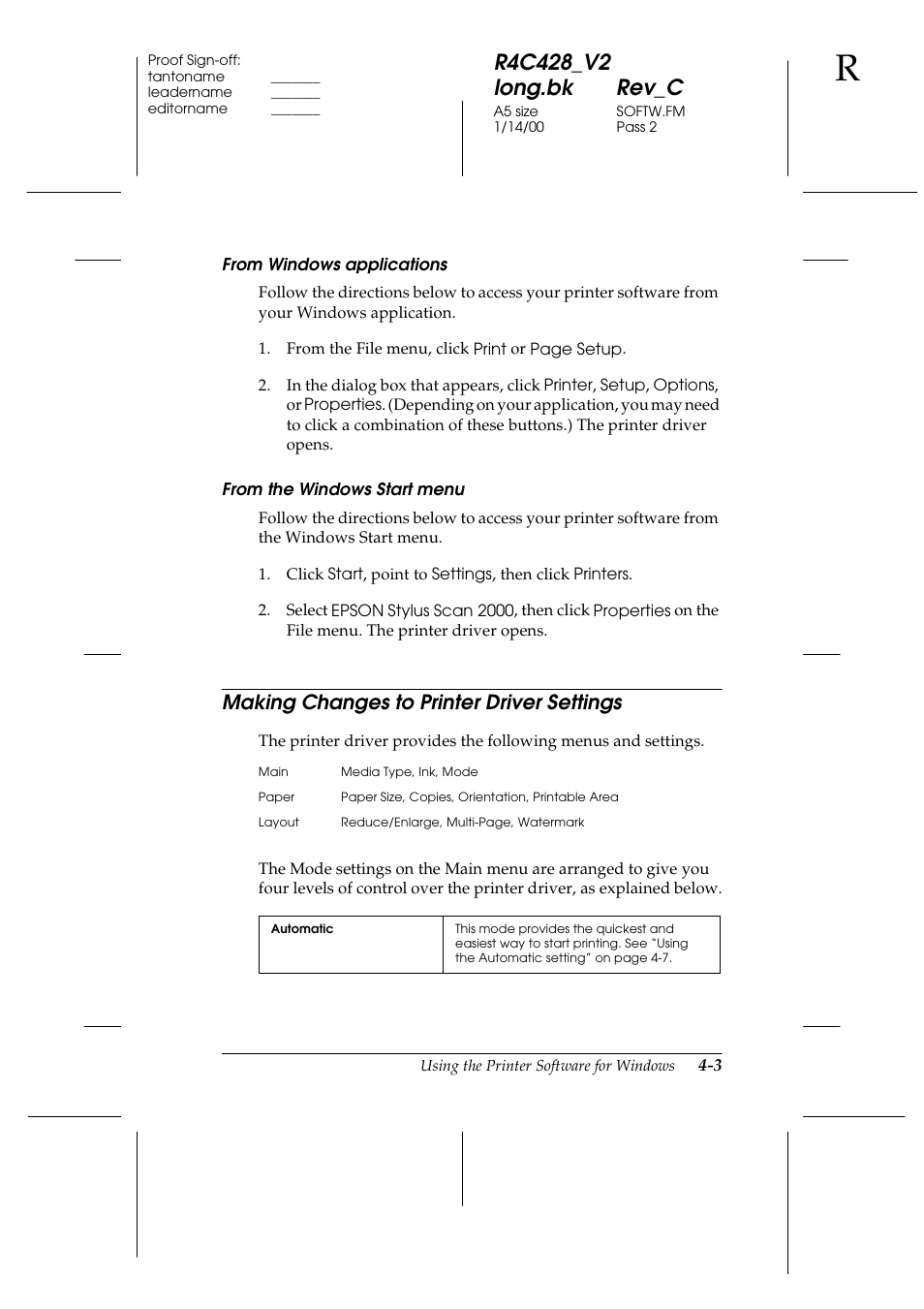 From windows applications, From the windows start menu, Making changes to printer driver settings | Making changes to printer driver settings -3, Making changes to printer driver settings -4 | Epson 2000 User Manual | Page 39 / 231