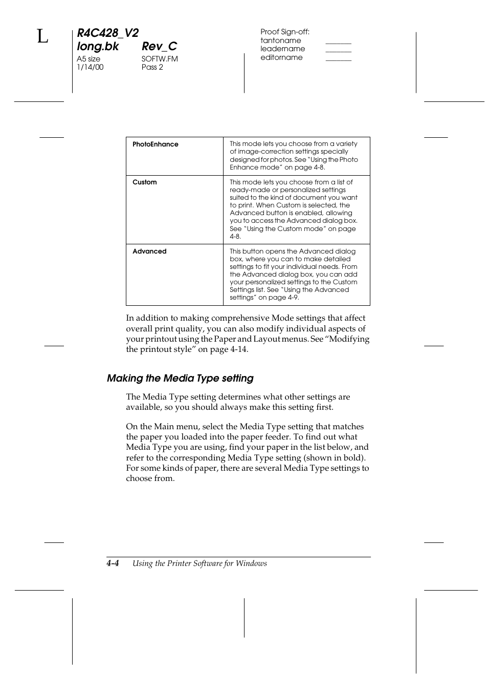 Making the media type setting, Making the media type setting -4, Making the media type setting -5 | Epson 2000 User Manual | Page 40 / 231