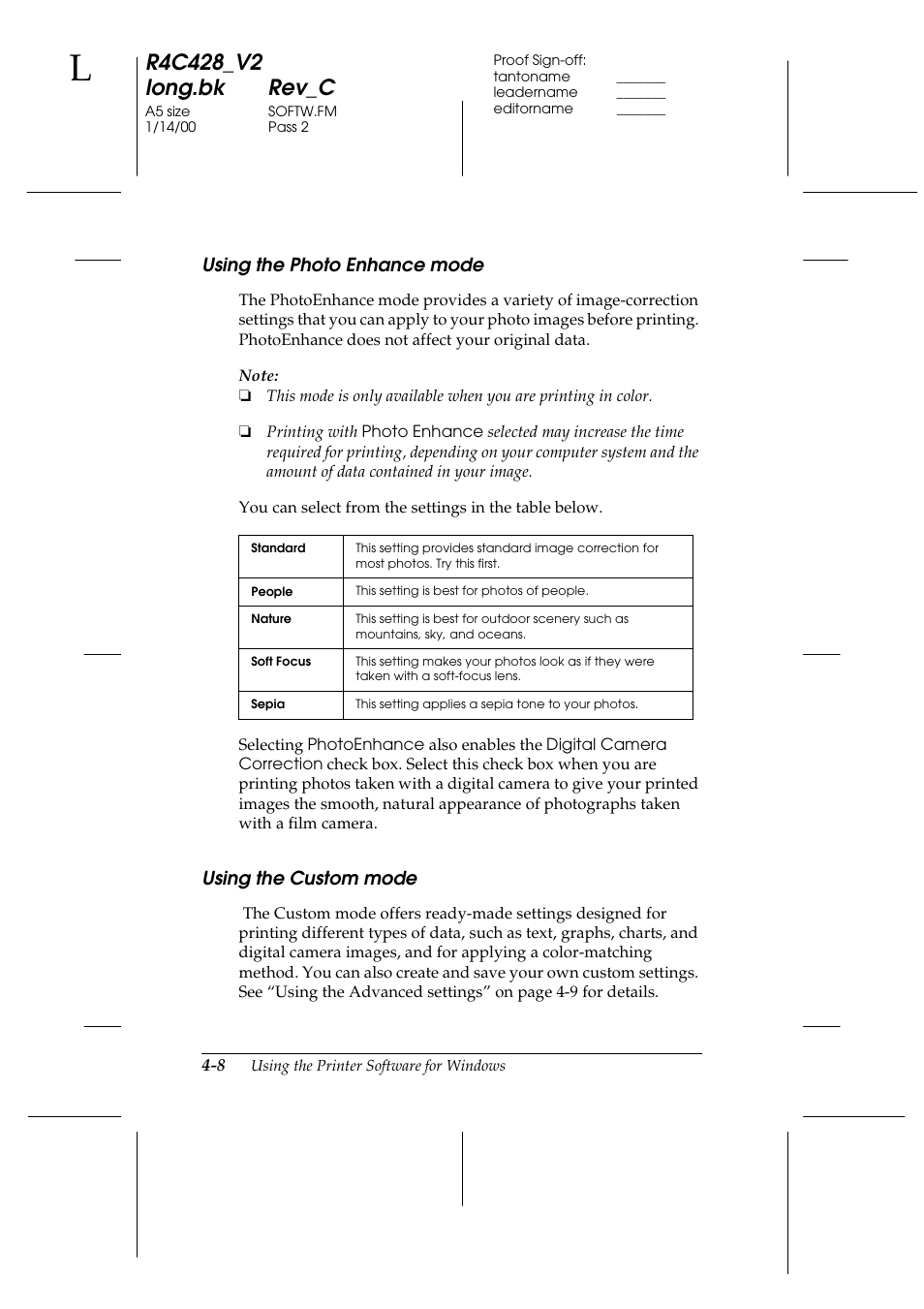 Using the photo enhance mode, Using the custom mode | Epson 2000 User Manual | Page 44 / 231