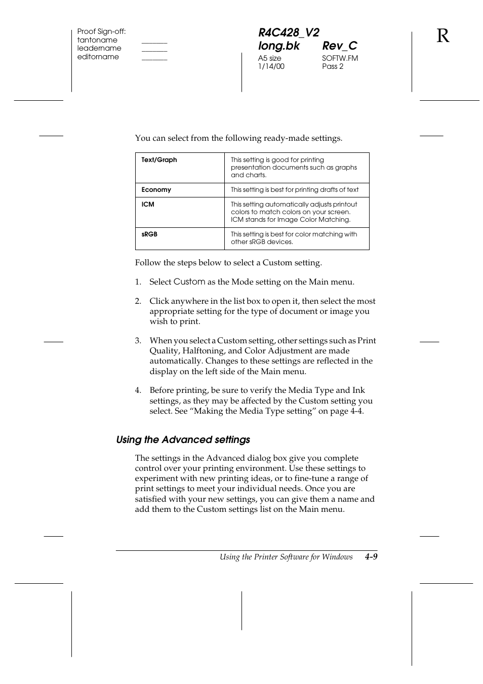 Using the advanced settings, Using the advanced settings -9 | Epson 2000 User Manual | Page 45 / 231