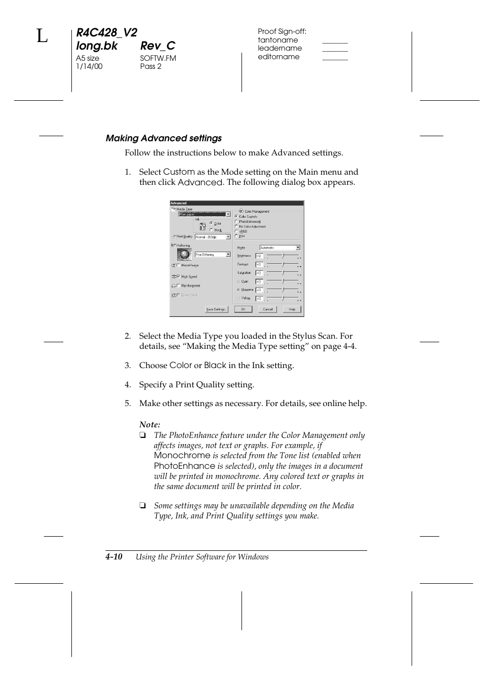 Making advanced settings | Epson 2000 User Manual | Page 46 / 231