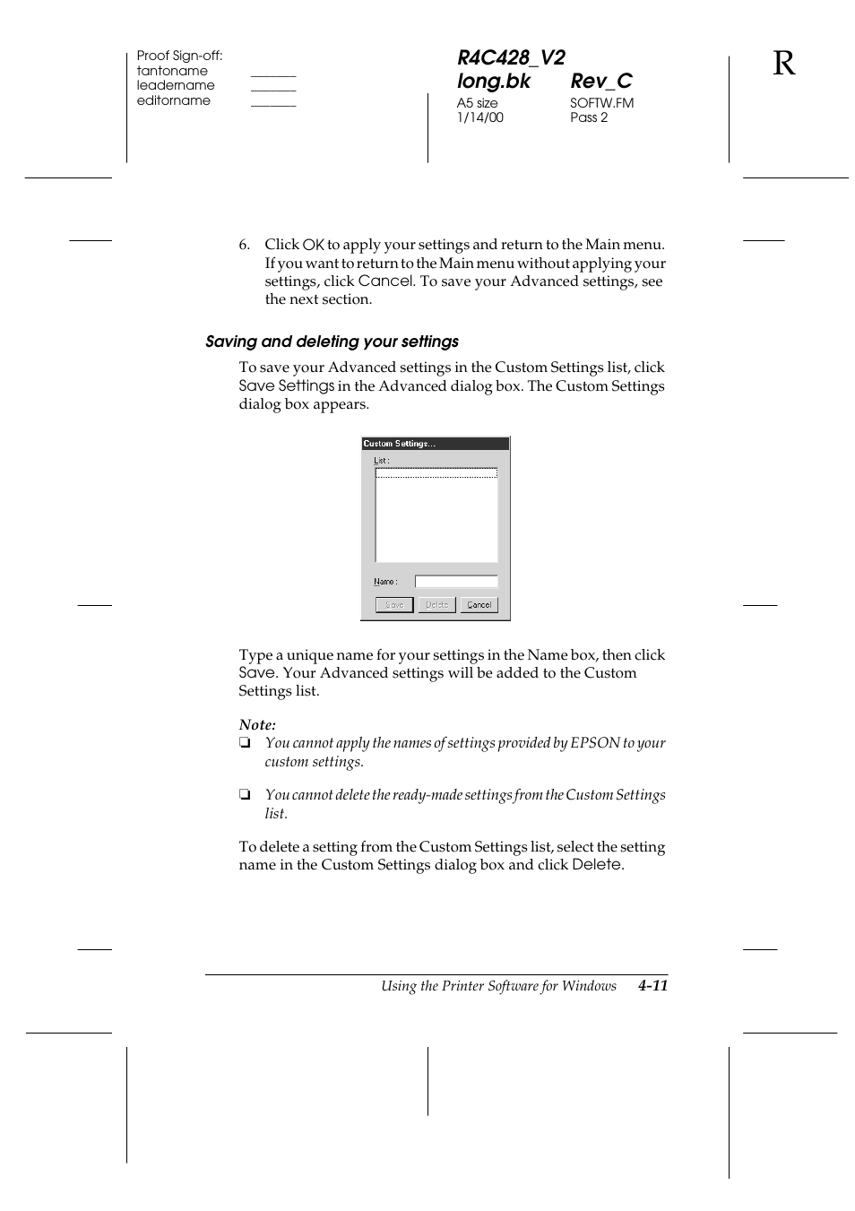 Saving and deleting your settings | Epson 2000 User Manual | Page 47 / 231