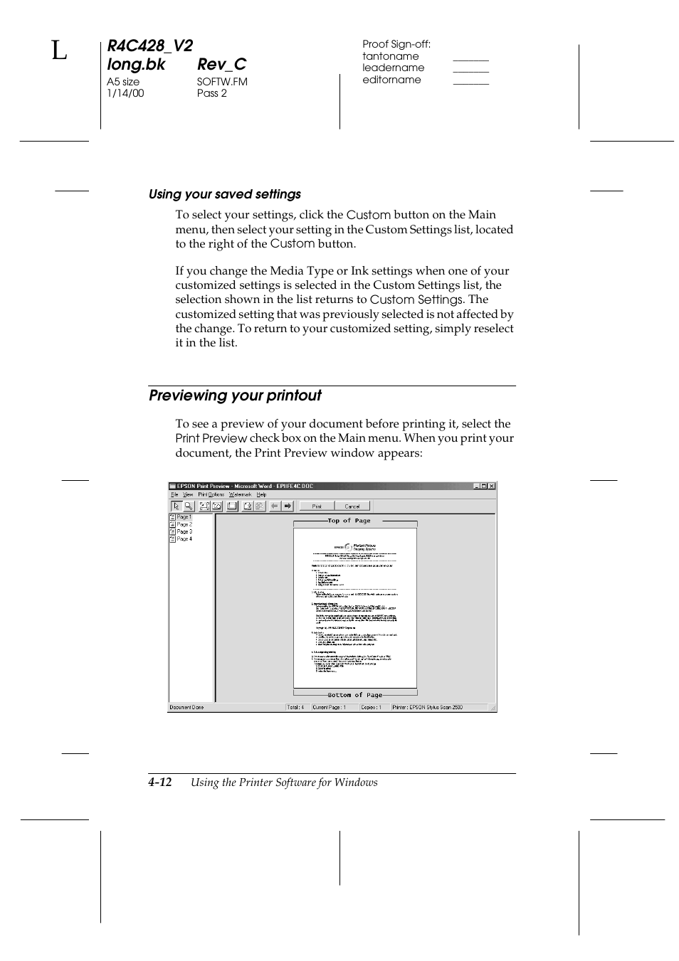Using your saved settings, Previewing your printout, Previewing your printout -12 | Previewing your printout -13 | Epson 2000 User Manual | Page 48 / 231