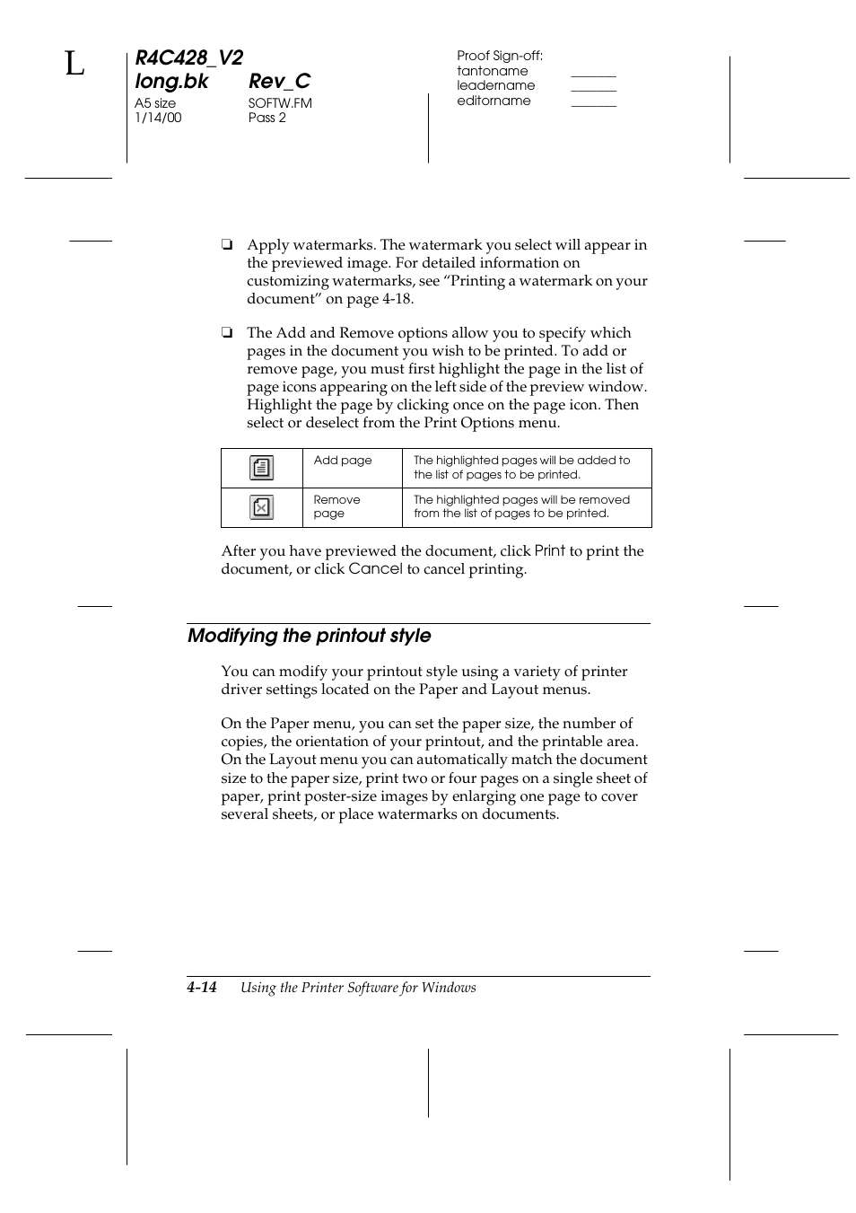 Modifying the printout style, Modifying the printout style -14 | Epson 2000 User Manual | Page 50 / 231