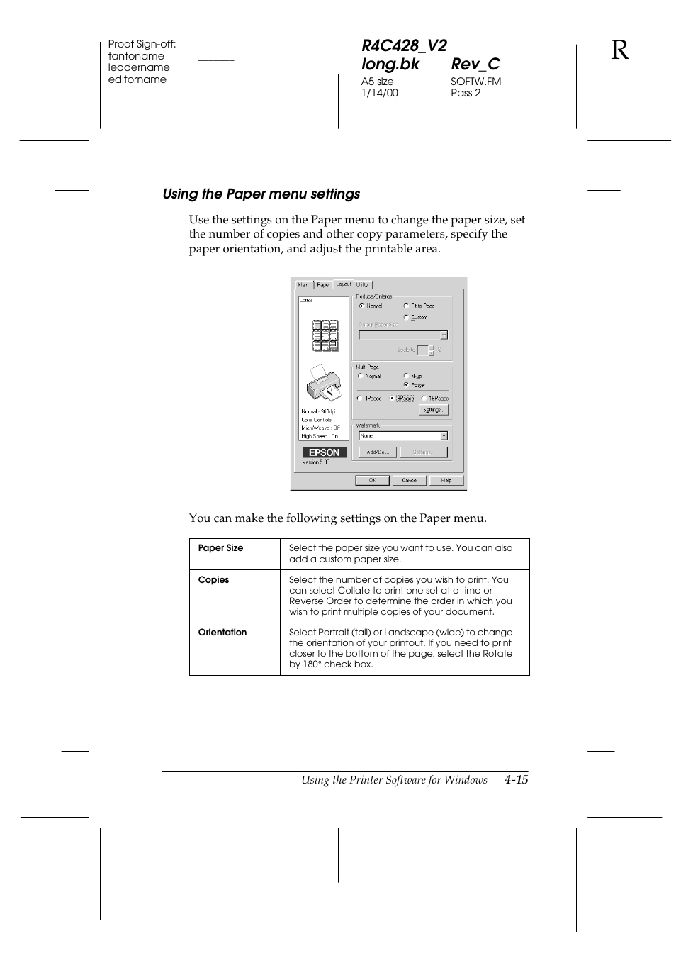 Using the paper menu settings, Using the paper menu settings -15 | Epson 2000 User Manual | Page 51 / 231