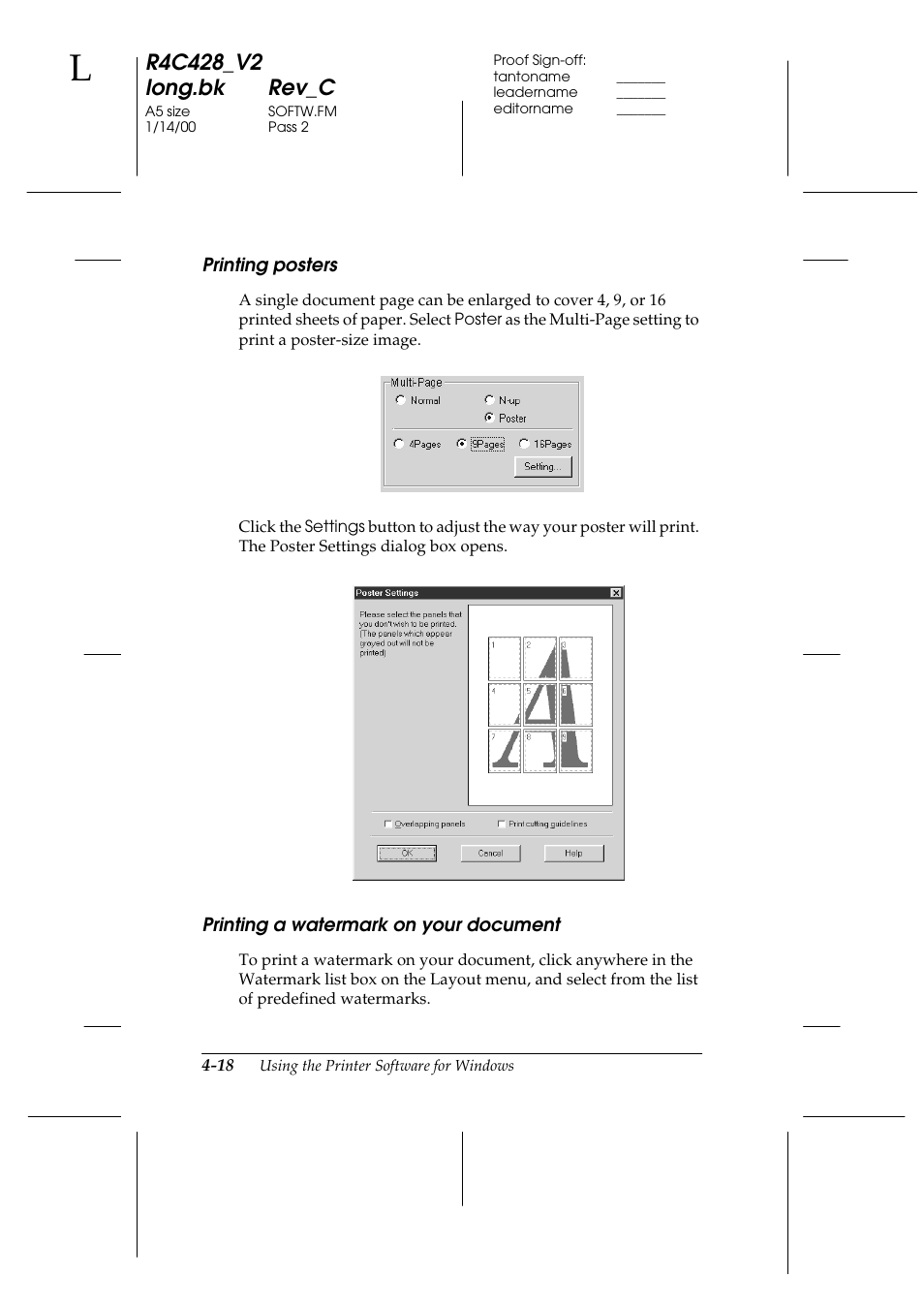 Printing posters, Printing a watermark on your document | Epson 2000 User Manual | Page 54 / 231