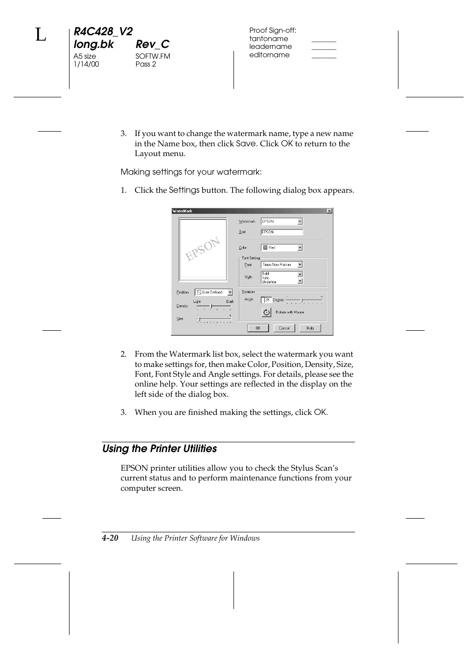 Using the printer utilities, Using the printer utilities -20 | Epson 2000 User Manual | Page 56 / 231