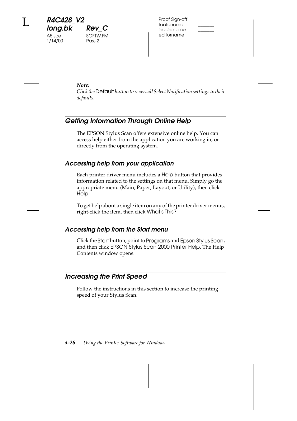 Getting information through online help, Accessing help from your application, Accessing help from the start menu | Increasing the print speed, Getting information through online help -26, Increasing the print speed -26 | Epson 2000 User Manual | Page 62 / 231