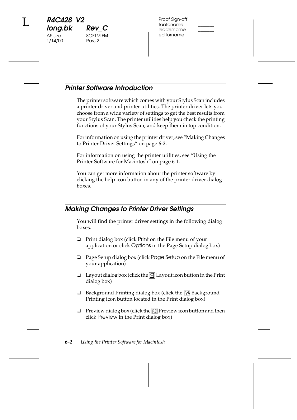 Printer software introduction, Making changes to printer driver settings, Printer software introduction -2 | Making changes to printer driver settings -2 | Epson 2000 User Manual | Page 74 / 231