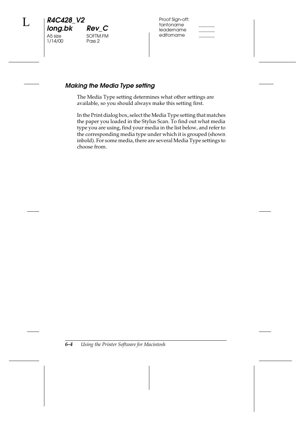 Making the media type setting, Making the media type setting -4 | Epson 2000 User Manual | Page 76 / 231