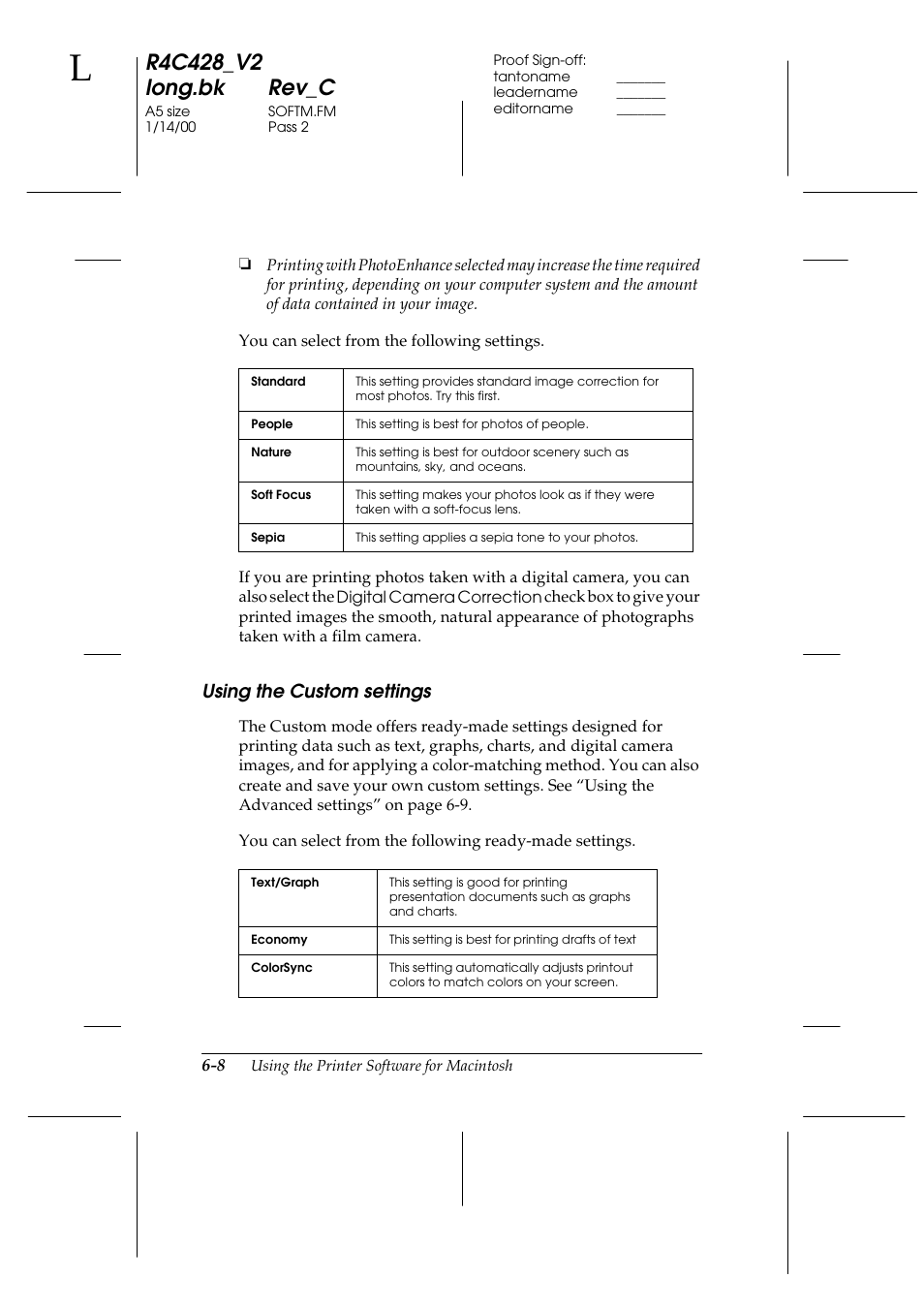 Using the custom settings, Using the custom settings -8 | Epson 2000 User Manual | Page 80 / 231