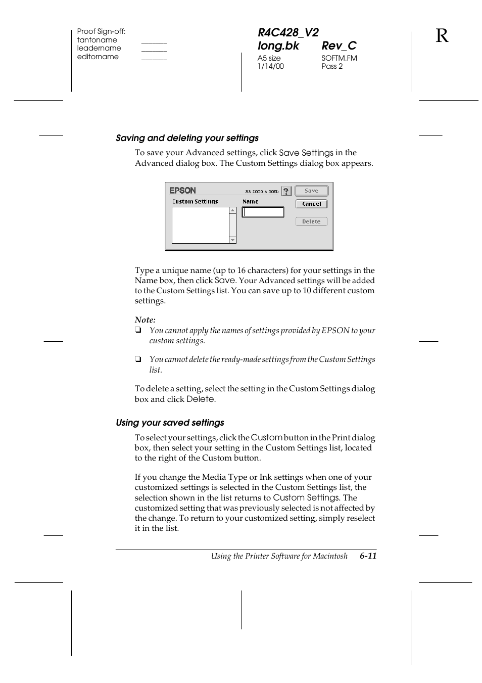 Saving and deleting your settings, Using your saved settings | Epson 2000 User Manual | Page 83 / 231
