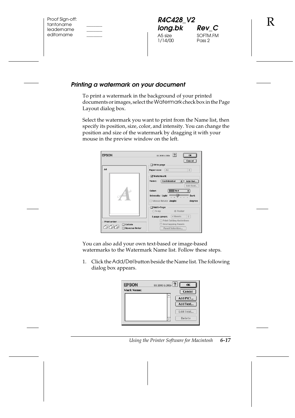 Printing a watermark on your document, Printing a watermark on your document -17 | Epson 2000 User Manual | Page 89 / 231