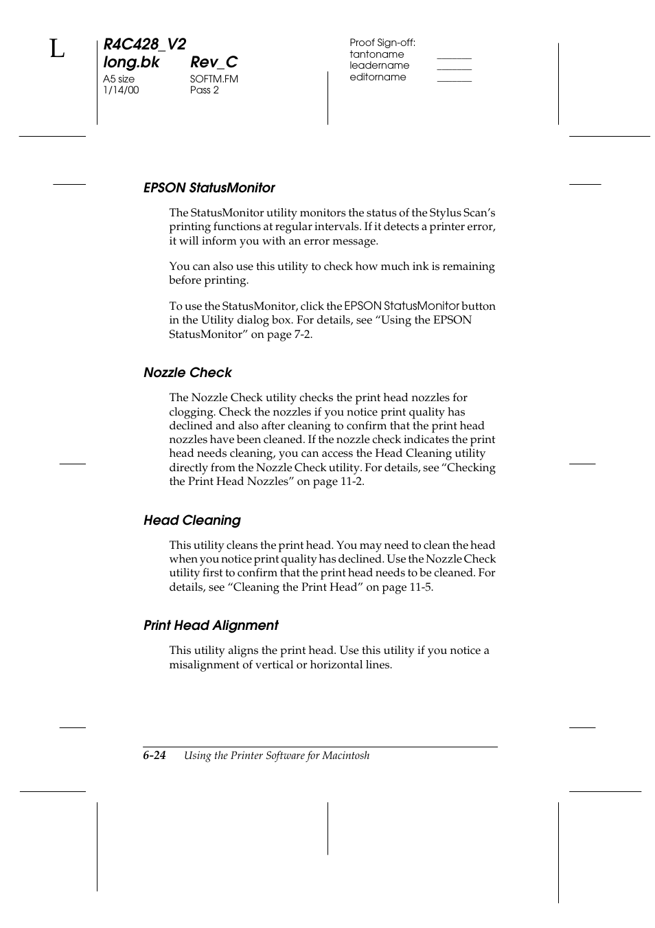 Epson statusmonitor, Nozzle check, Head cleaning | Print head alignment | Epson 2000 User Manual | Page 96 / 231