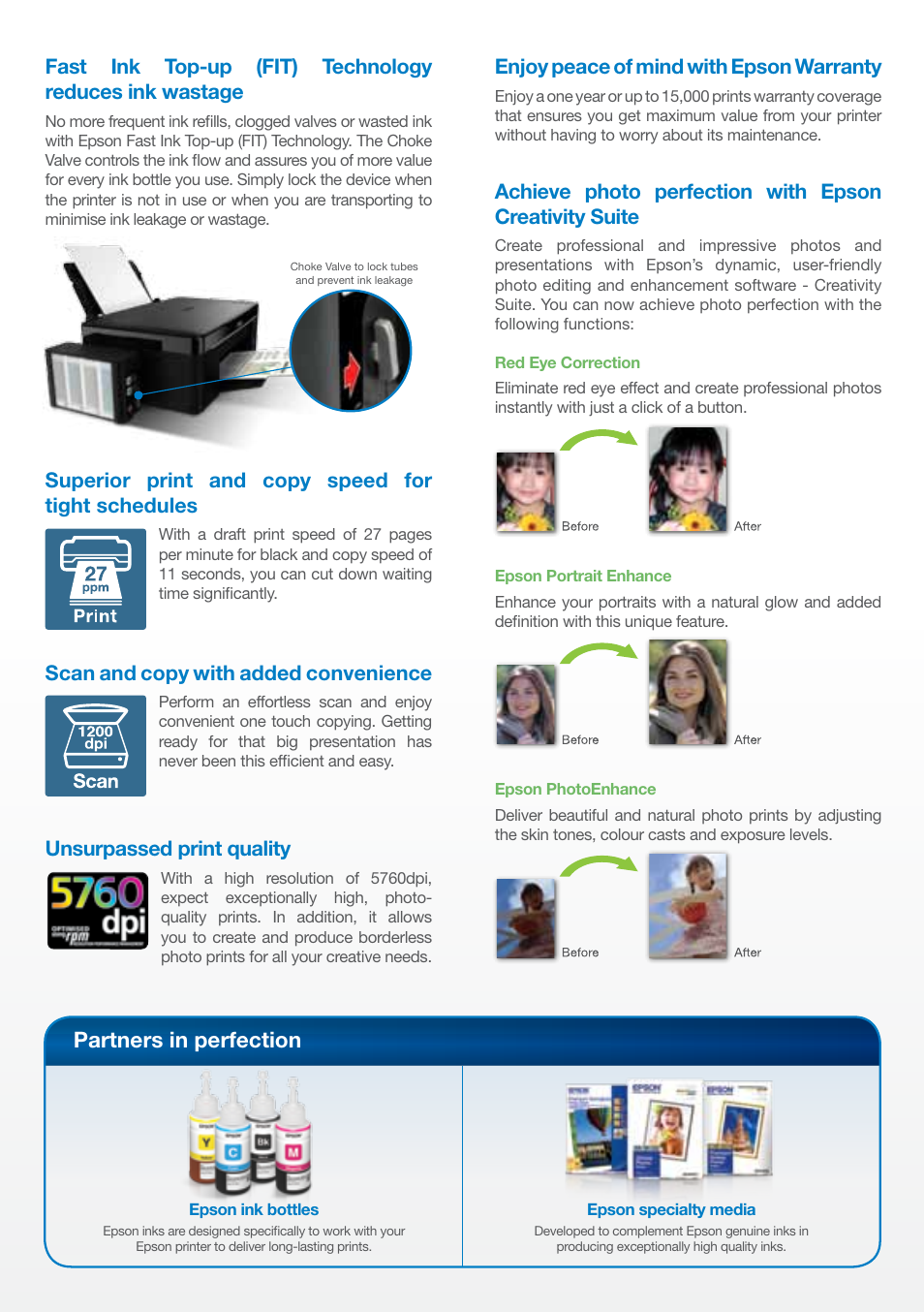 Partners in perfection, Superior print and copy speed for tight schedules, Scan and copy with added convenience | Unsurpassed print quality, Enjoy peace of mind with epson warranty | Epson L200 User Manual | Page 3 / 4
