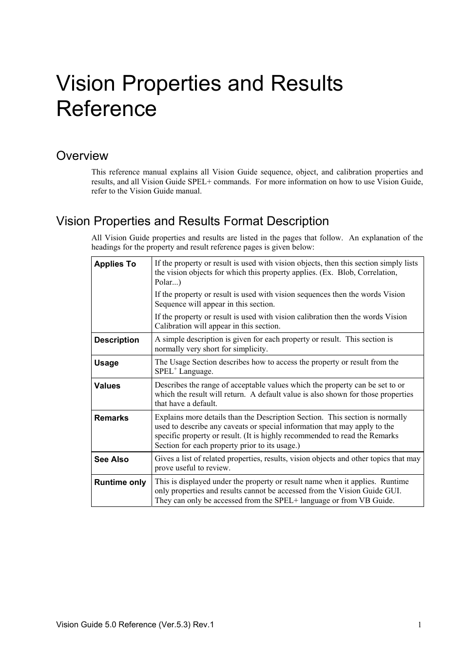 Vision properties and results reference, Overview, Vision properties and results format description | Epson 5 User Manual | Page 15 / 216