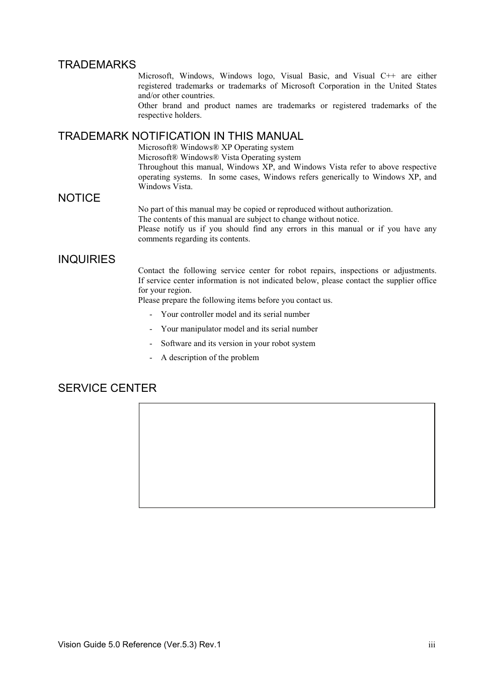 Trademarks, Trademark notification in this manual, Notice | Inquiries, Service center | Epson 5 User Manual | Page 5 / 216