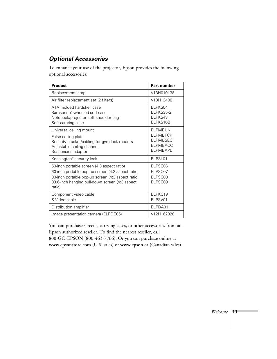 Optional accessories | Epson 1710c User Manual | Page 11 / 100