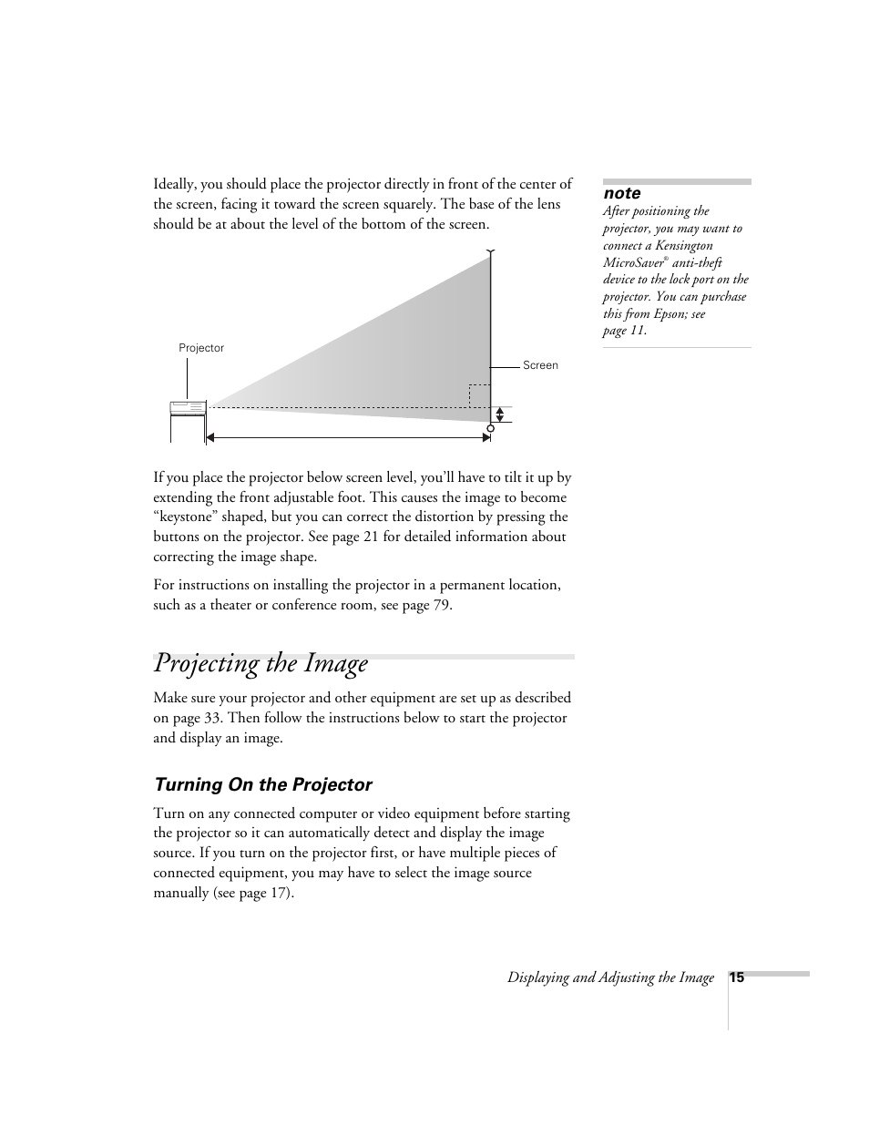 Projecting the image, Turning on the projector | Epson 1710c User Manual | Page 15 / 100