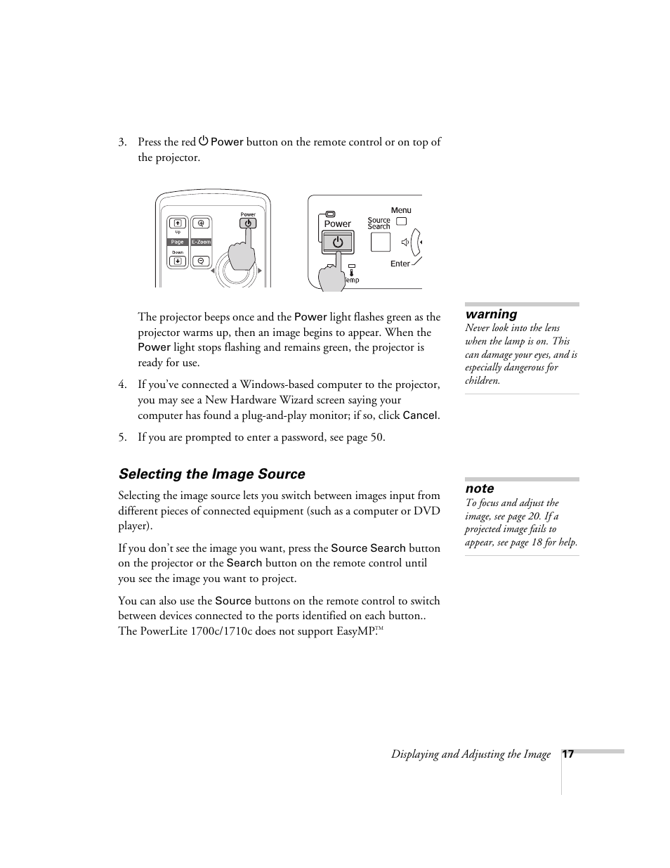 Selecting the image source | Epson 1710c User Manual | Page 17 / 100