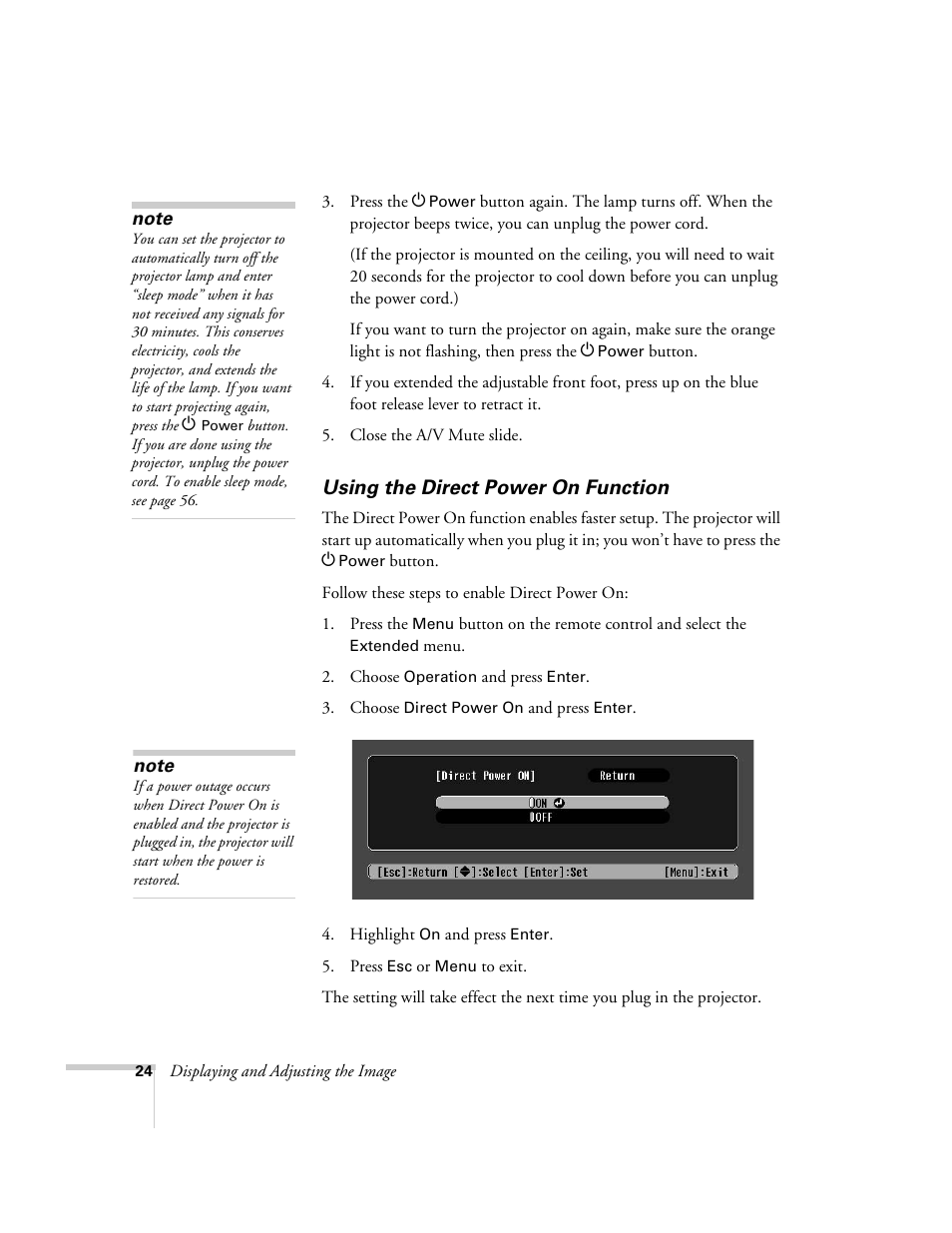 Using the direct power on function | Epson 1710c User Manual | Page 24 / 100