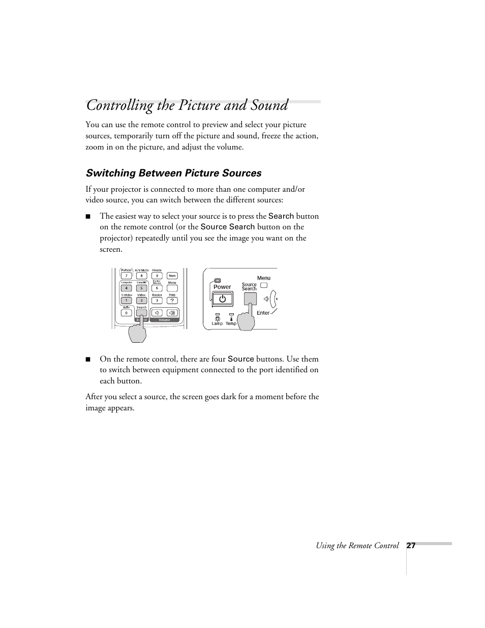 Controlling the picture and sound, Switching between picture sources | Epson 1710c User Manual | Page 27 / 100