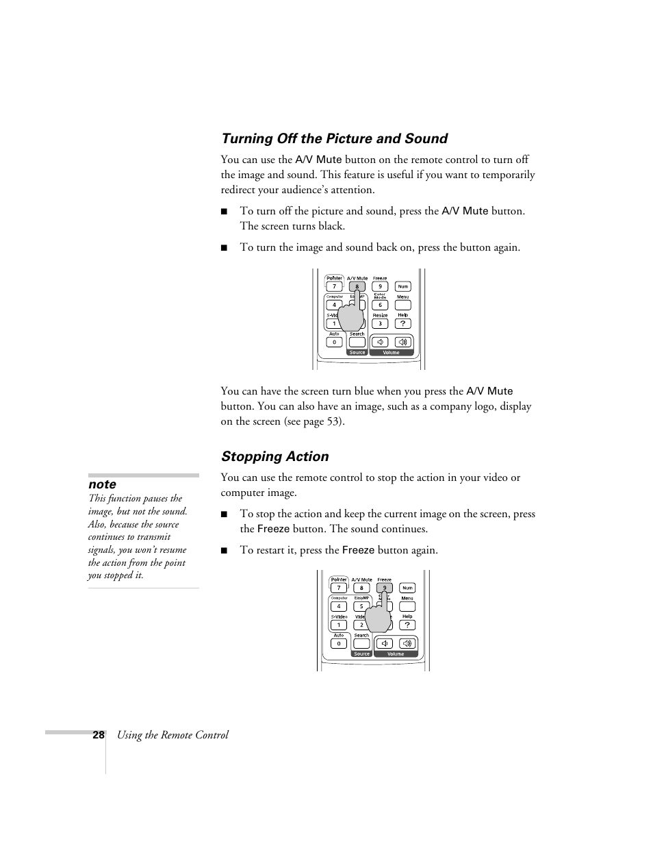 Turning off the picture and sound, Stopping action, Turning off the picture and sound stopping action | Epson 1710c User Manual | Page 28 / 100