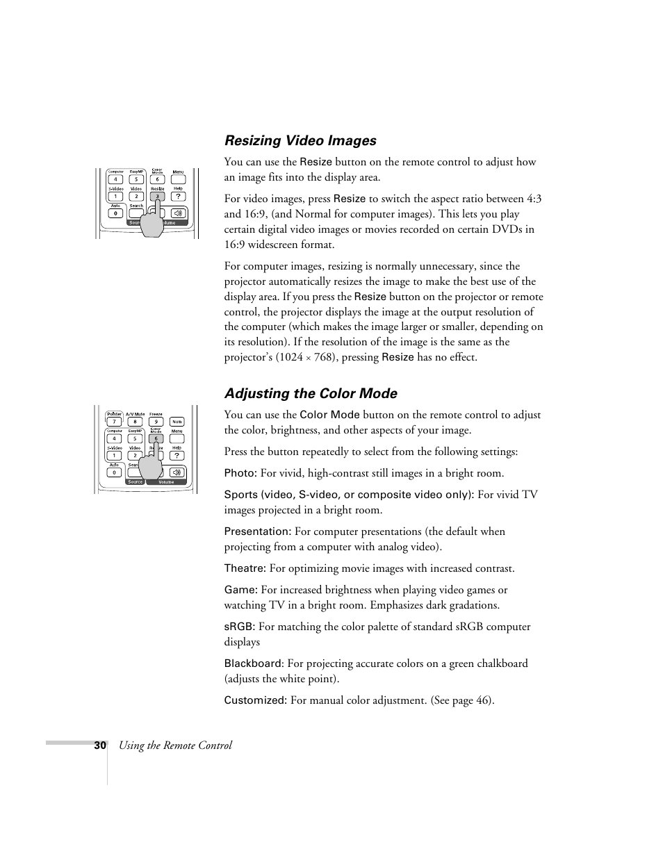Resizing video images, Adjusting the color mode, Resizing video images adjusting the color mode | Epson 1710c User Manual | Page 30 / 100