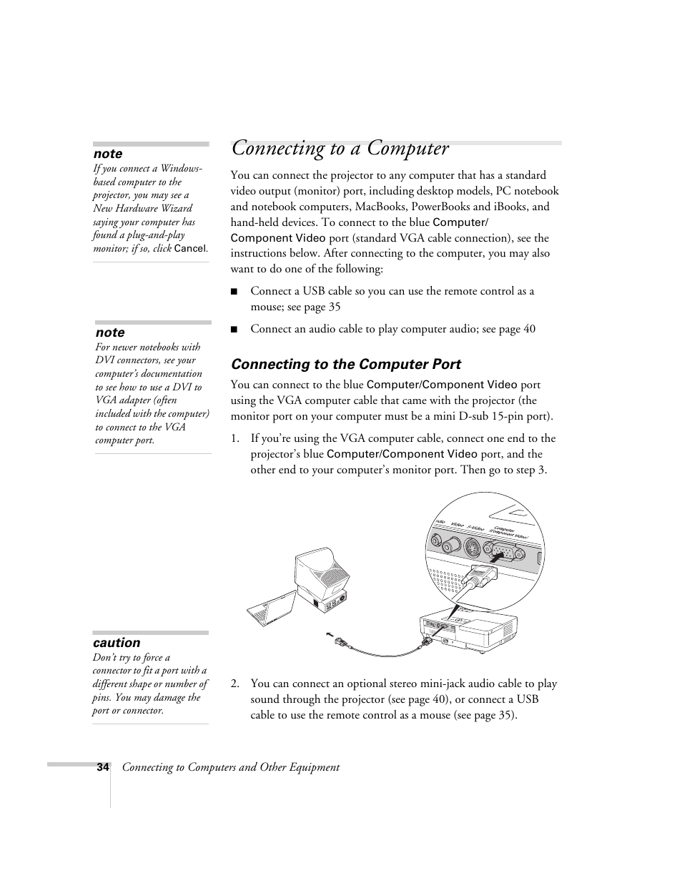 Connecting to a computer, Connecting to the computer port | Epson 1710c User Manual | Page 34 / 100