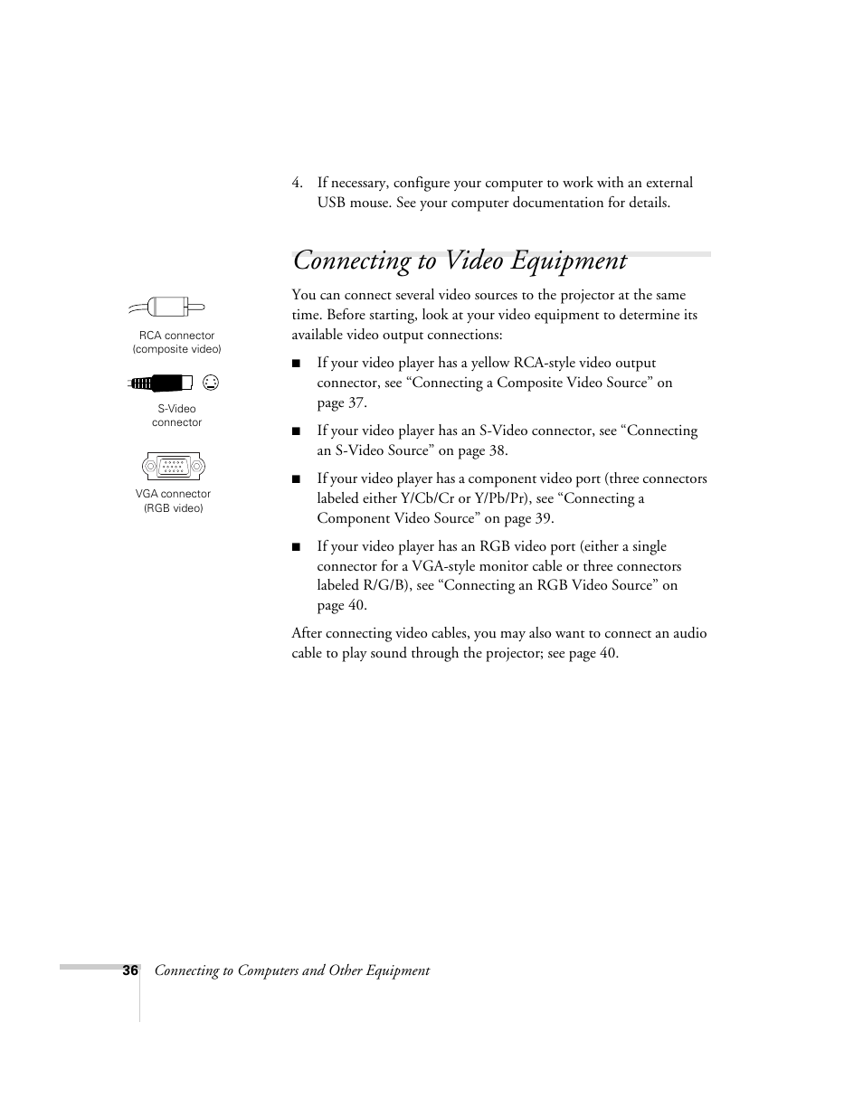 Connecting to video equipment | Epson 1710c User Manual | Page 36 / 100