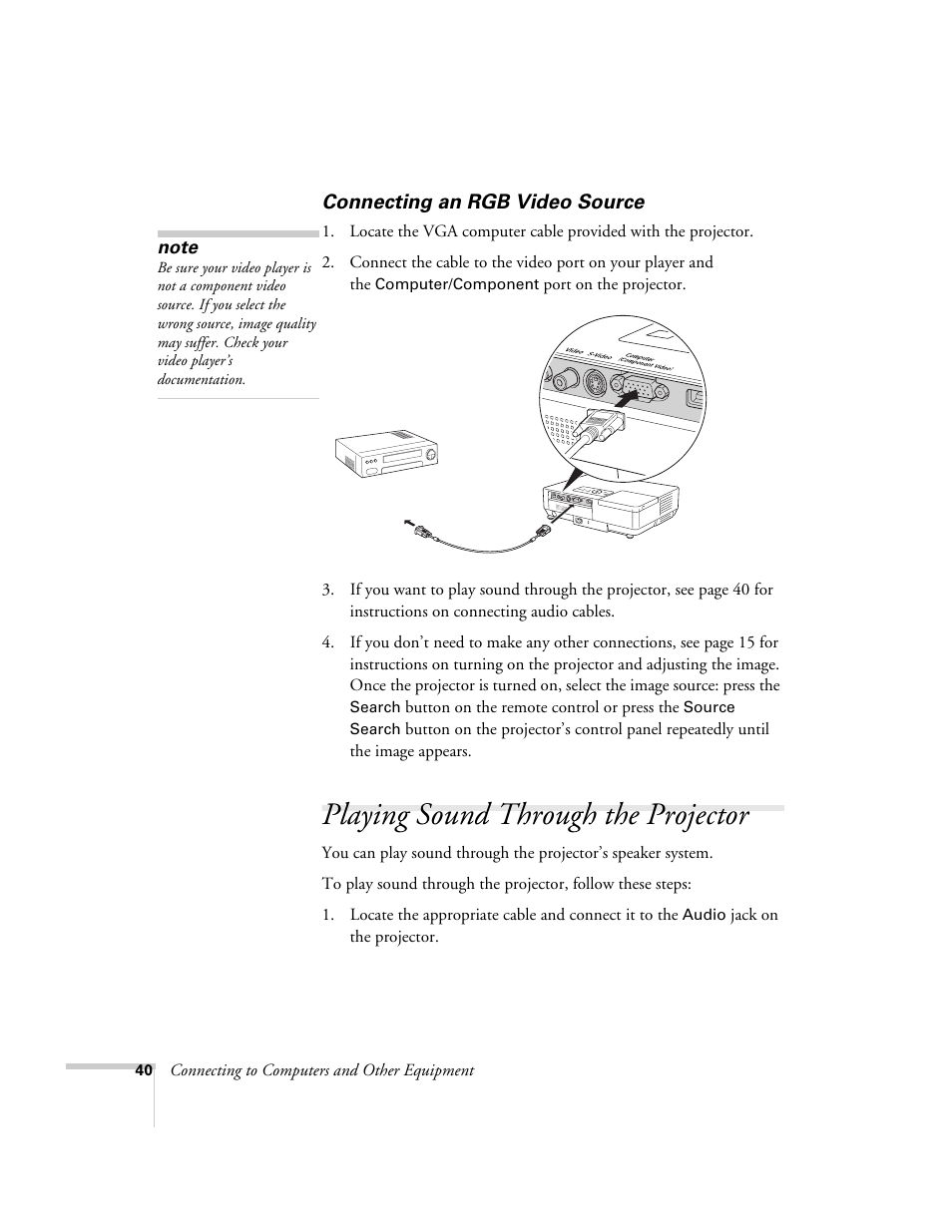 Connecting an rgb video source, Playing sound through the projector | Epson 1710c User Manual | Page 40 / 100
