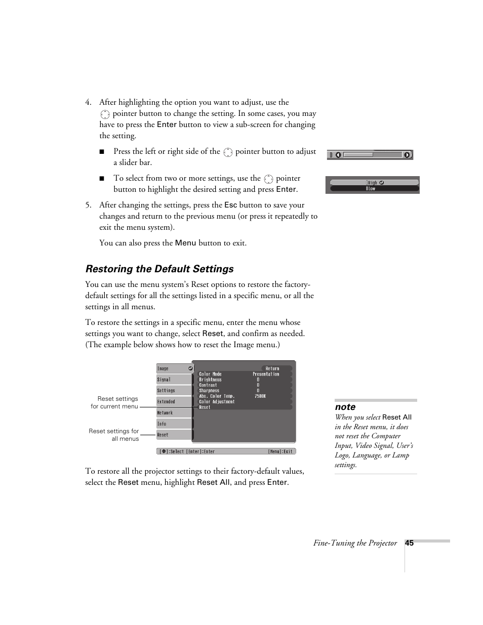 Restoring the default settings | Epson 1710c User Manual | Page 45 / 100