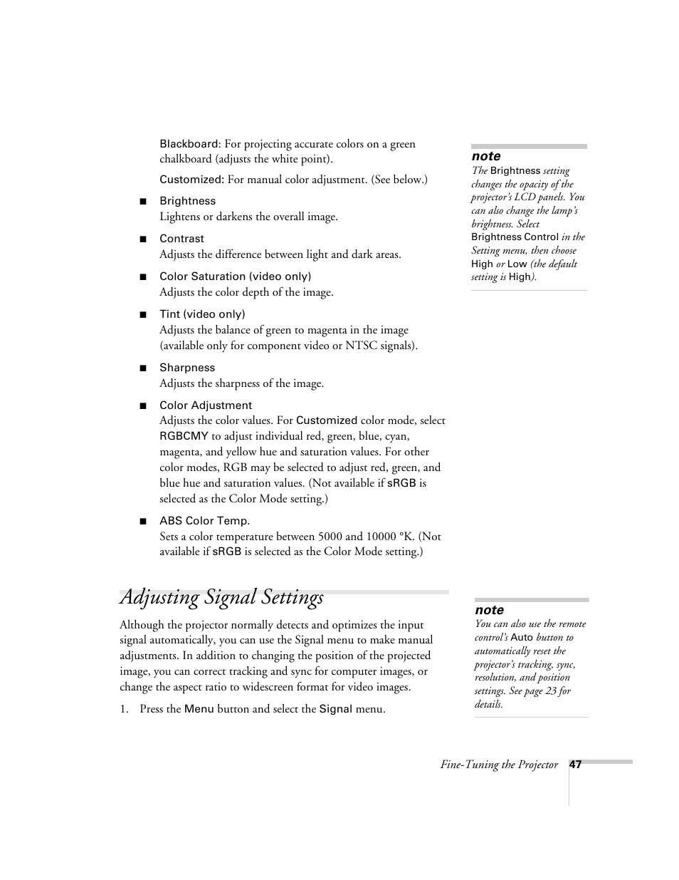 Adjusting signal settings | Epson 1710c User Manual | Page 47 / 100