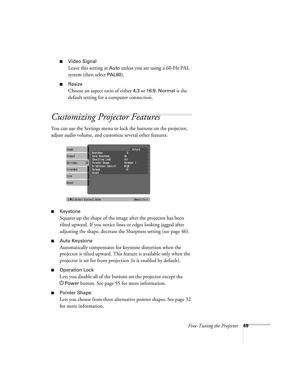 Customizing projector features | Epson 1710c User Manual | Page 49 / 100