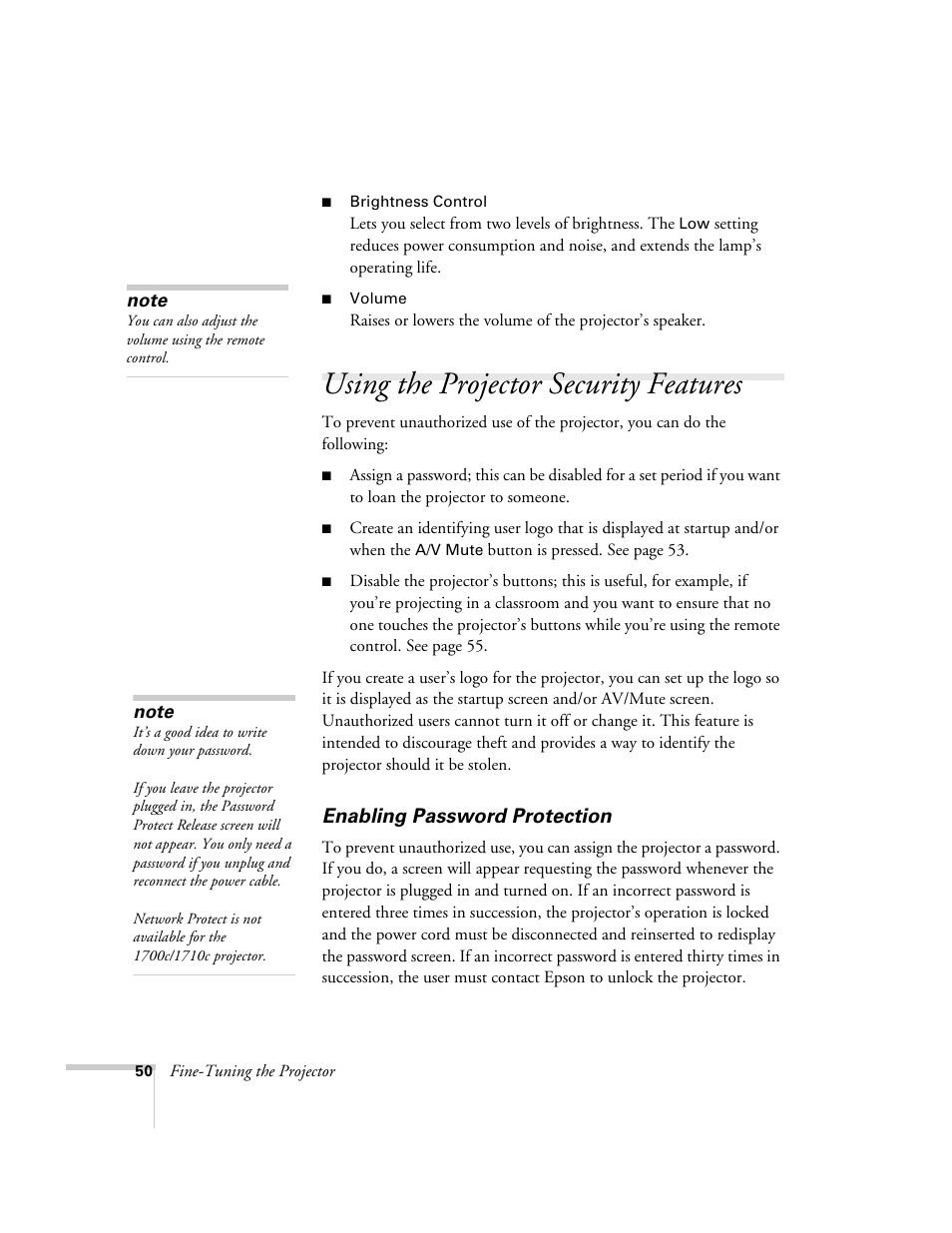 Using the projector security features, Enabling password protection | Epson 1710c User Manual | Page 50 / 100