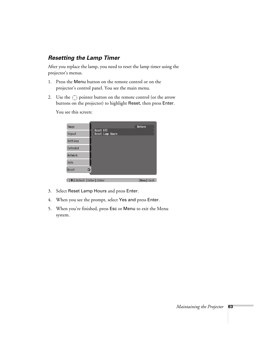 Resetting the lamp timer | Epson 1710c User Manual | Page 63 / 100