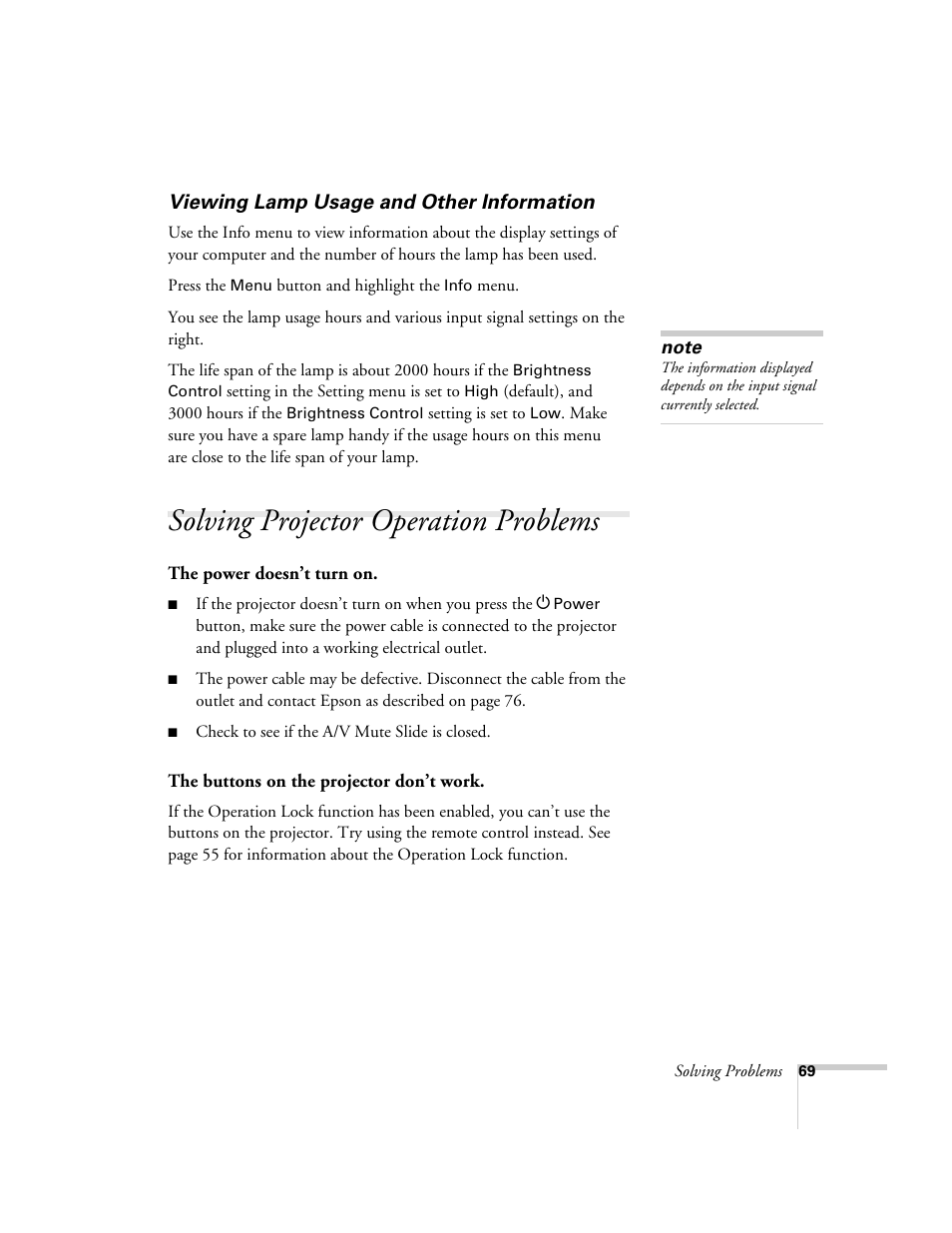 Viewing lamp usage and other information, Solving projector operation problems | Epson 1710c User Manual | Page 69 / 100