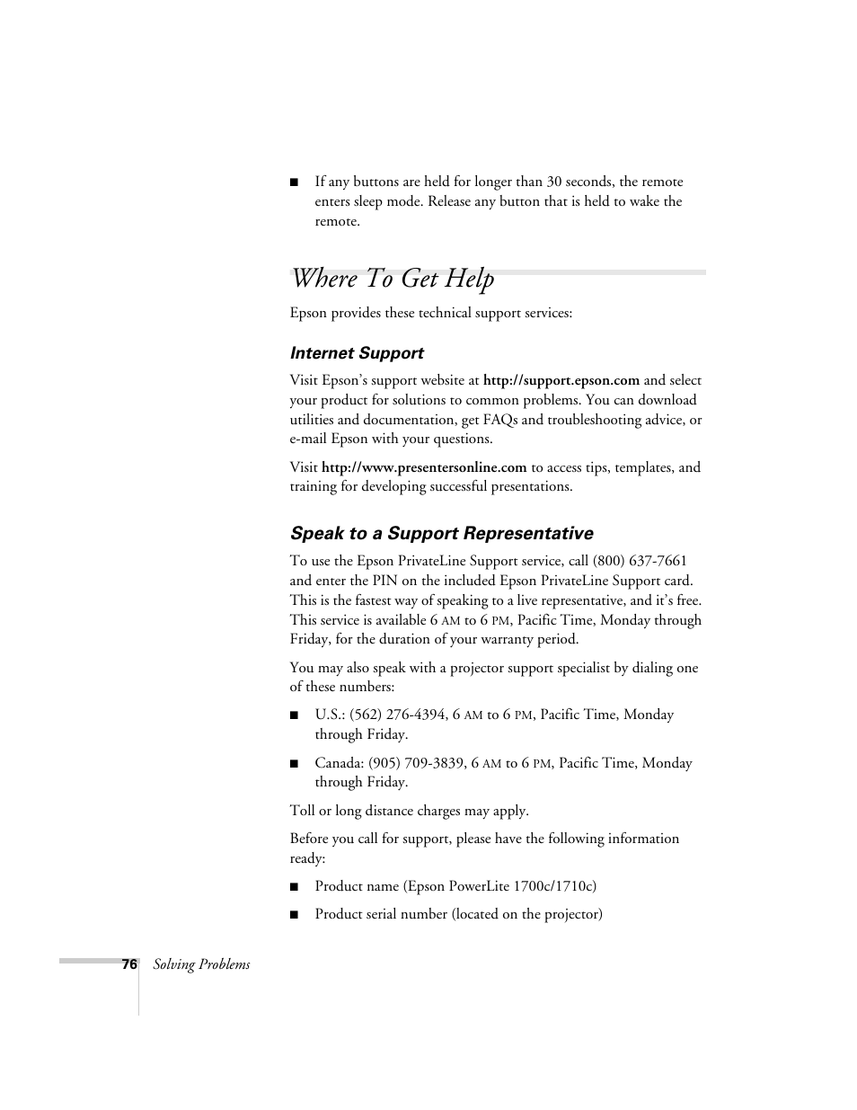 Where to get help, Speak to a support representative | Epson 1710c User Manual | Page 76 / 100