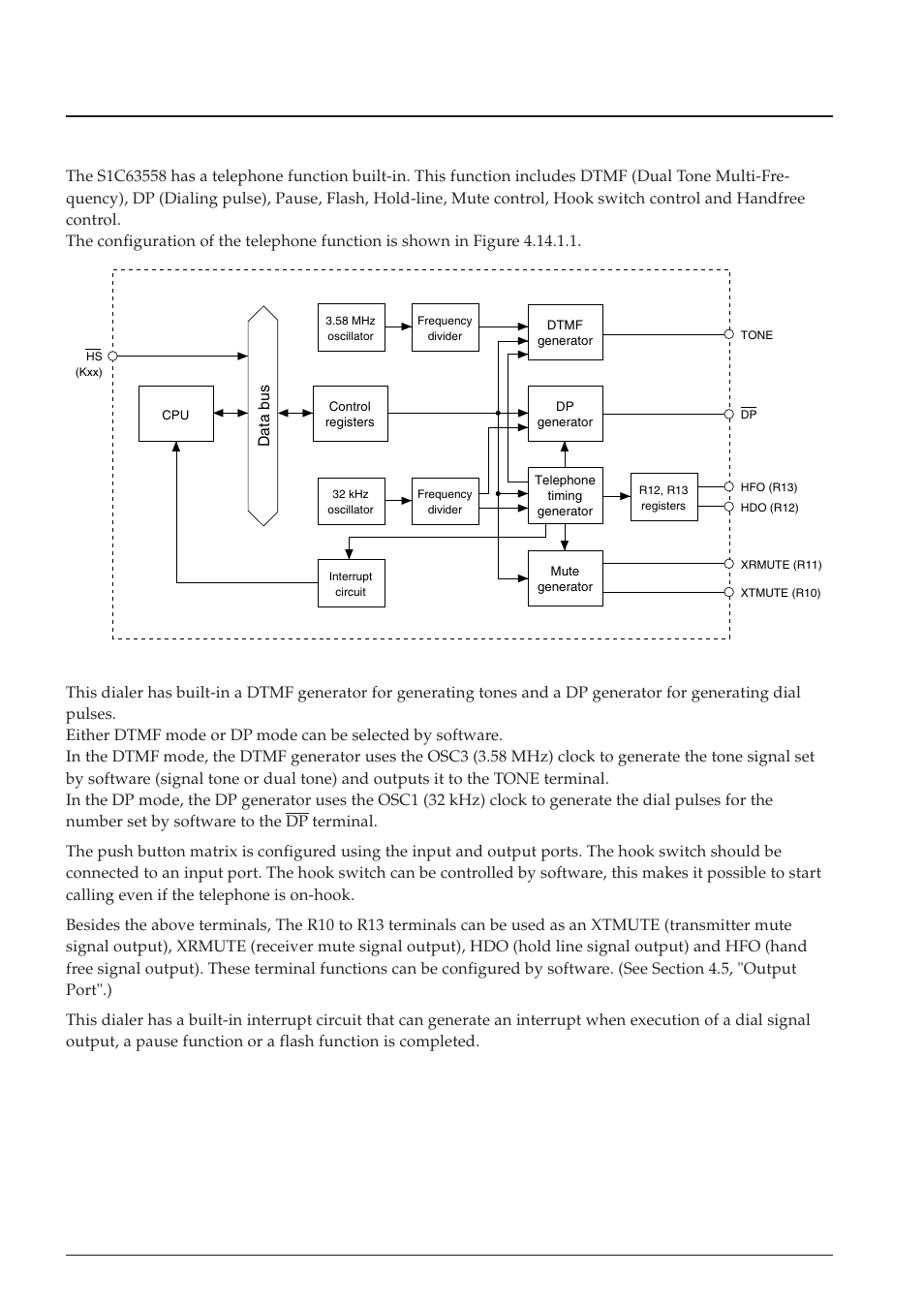 14 telephone function (tone/pulse dialer), 1 configuration of tone/pulse dialer | Epson S1C63558 User Manual | Page 122 / 185