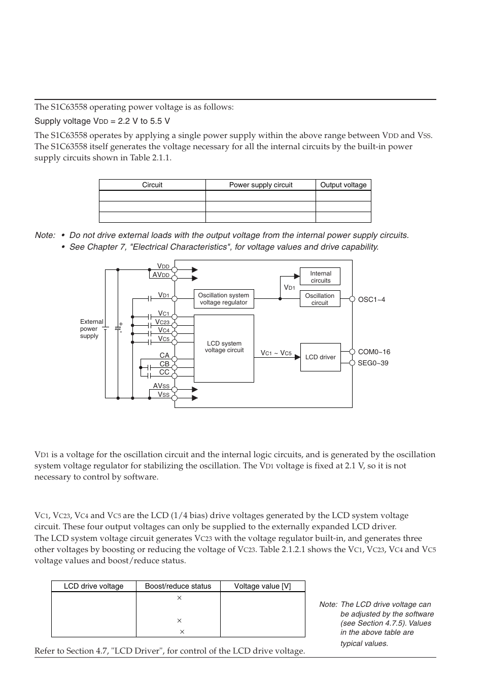 2 power supply and initial reset, 1 power supply, 2 voltage <vc1–vc5> for lcd driving | Chapter, Ower, Upply, Nitial, Eset, 1 voltage <v, For oscillation circuit and internal circuits | Epson S1C63558 User Manual | Page 18 / 185