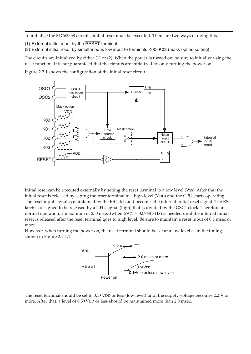 2 initial reset, 1 reset terminal (reset) | Epson S1C63558 User Manual | Page 19 / 185