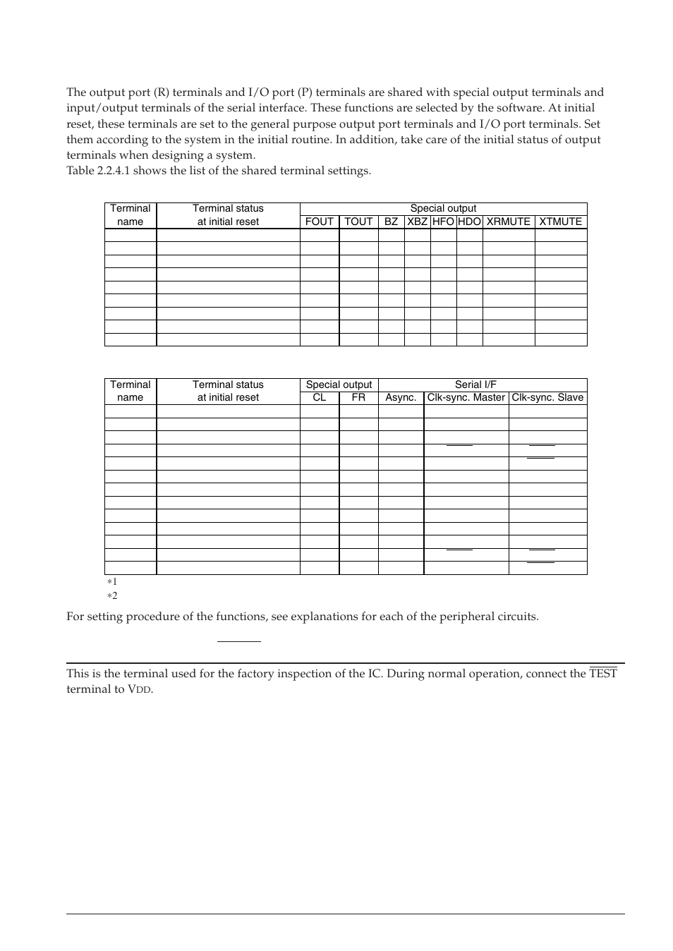 4 terminal settings at initial resetting, 3 test terminal (test) | Epson S1C63558 User Manual | Page 21 / 185