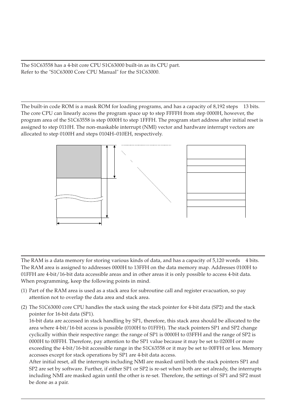3 cpu, rom, ram, 1 cpu, 2 code rom | 3 ram, Chapter | Epson S1C63558 User Manual | Page 22 / 185